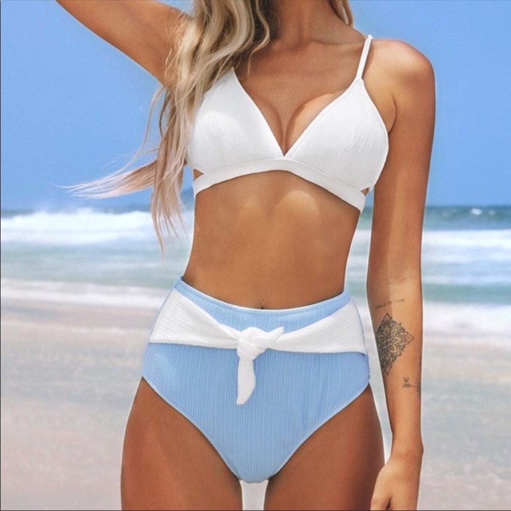 CupShe Baby Blue & White High-Waisted Biki…